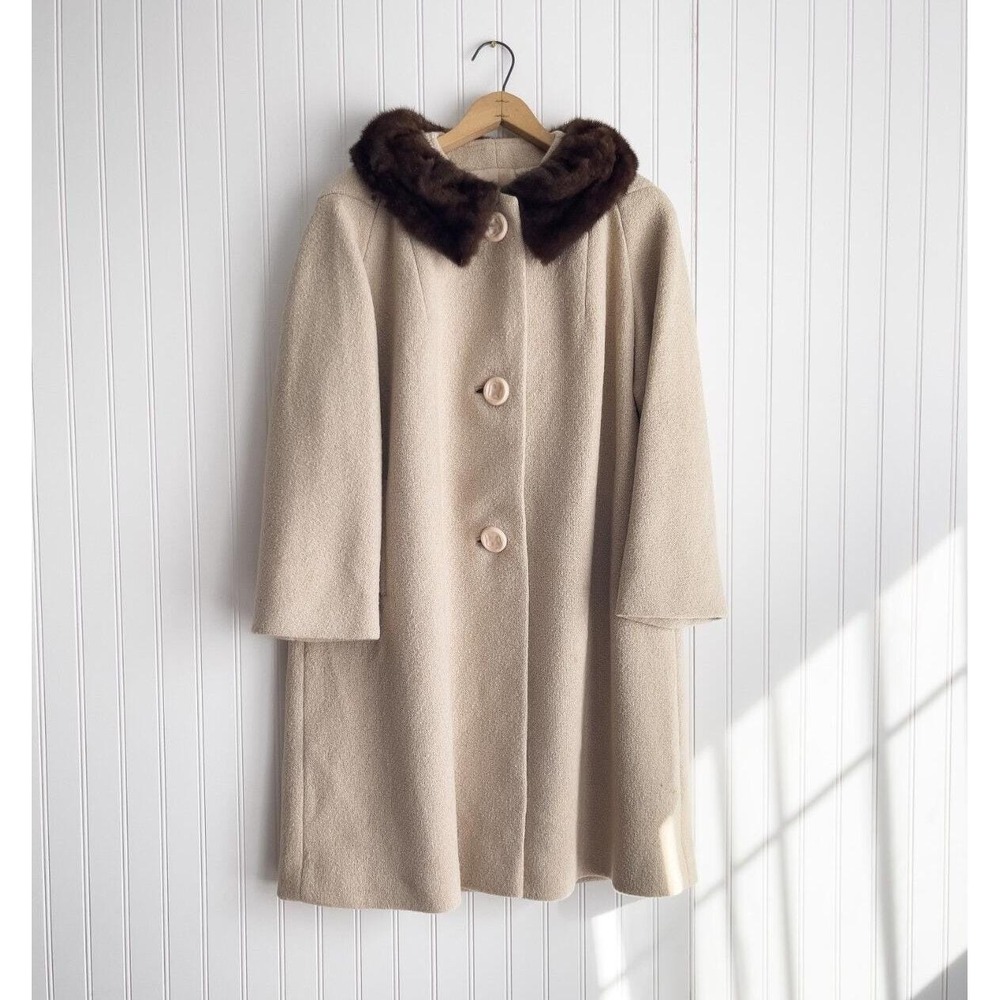 vtg‎ 50s 60s Forstmann Frizelda beige boucle wool mink fur collar heavy coat